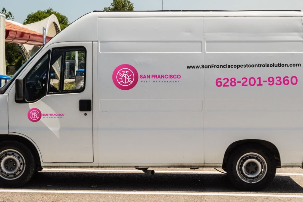 White van adorned with pink and purple lettering, indicating a pest control service based in San Francisco, CA.