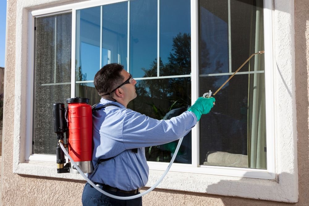 A man with a sprayer treating a window for pests, illustrating a home pest control service in San Francisco, CA.