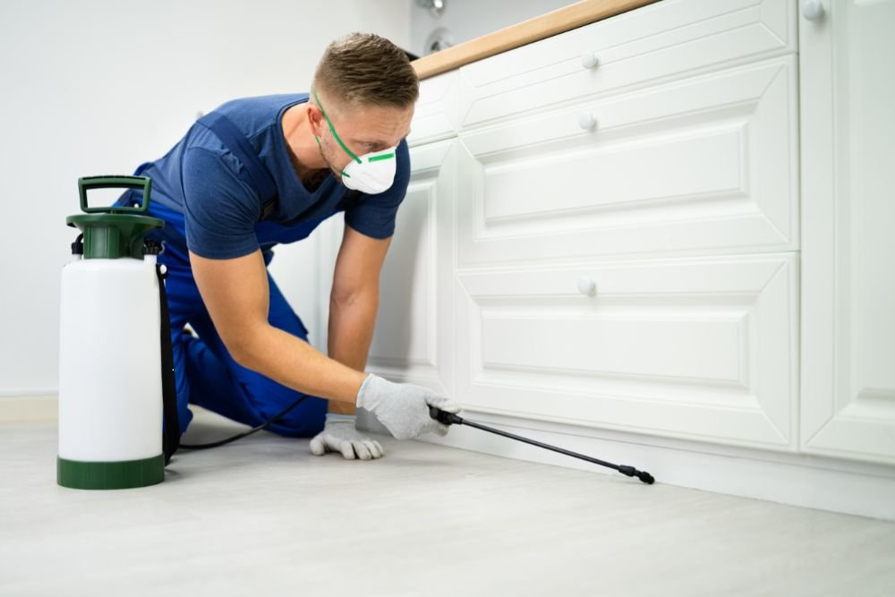 A man wearing blue overalls applies pest control spray in San Francisco, CA, as part of his service.